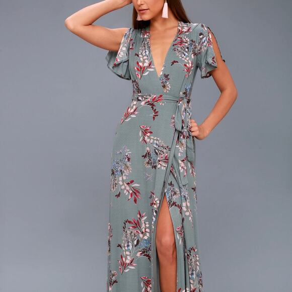 Lulu's | Fiorire Slate Blue Floral Print Wrap Maxi Dress - Picture 1 of 8